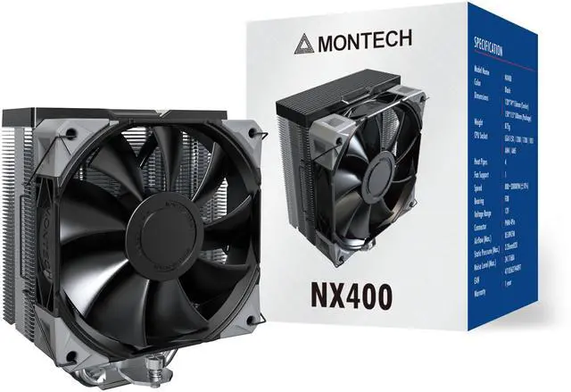Main image of MONTECH NX400 - CPU Air Cooler, Single Tower, 4 Advanced Heat Pipes, 52-fin Heat Sink, E28, 120mm FDB Static Pressure Fan, 28mm Fan Thickness, Corner-cover Footpads, Polished Top Cover - Black