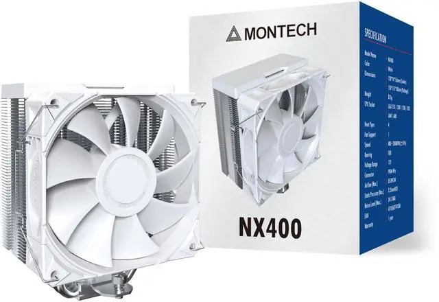 Main image of MONTECH NX400 - CPU Air Cooler, Single Tower, 4 Advanced Heat Pipes, 52-fin Heat Sink, E28, 120mm FDB Static Pressure Fan, 28mm Fan Thickness, Corner-cover Footpads, Polished Top Cover - White