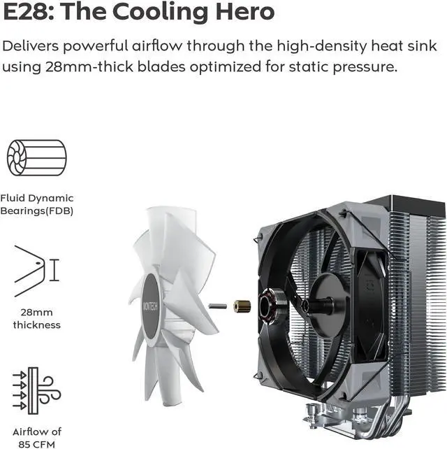 Alt view image 3 of 8 - MONTECH NX400 ARGB - CPU Air Cooler, Single Tower, 4 Advanced Heat Pipes, 52-fin Heat Sink, E28, 120mm FDB Static Pressure Fan, 28mm Fan Thickness, Polished Top Cover, ARGB Lightning - Black