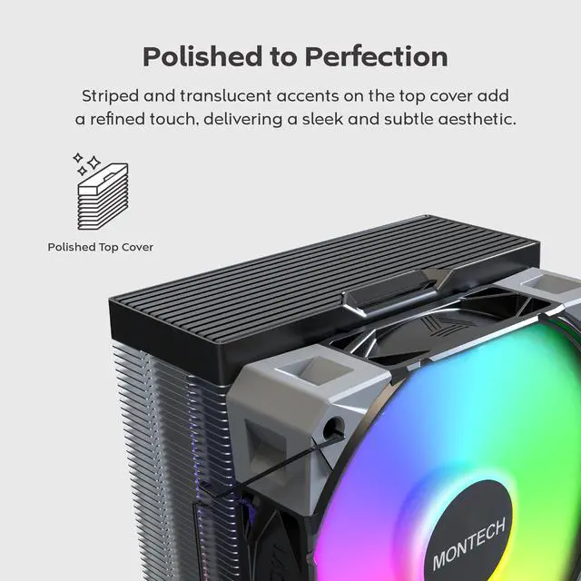 Alt view image 7 of 8 - MONTECH NX400 ARGB - CPU Air Cooler, Single Tower, 4 Advanced Heat Pipes, 52-fin Heat Sink, E28, 120mm FDB Static Pressure Fan, 28mm Fan Thickness, Polished Top Cover, ARGB Lightning - Black