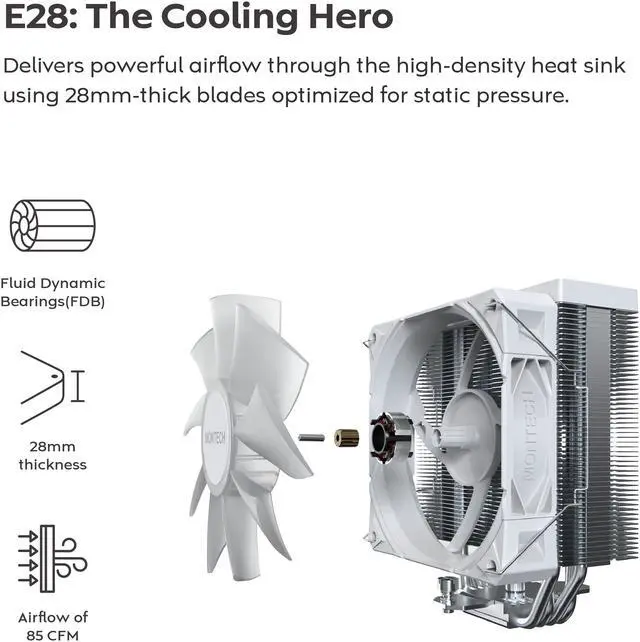 Alt view image 3 of 8 - MONTECH NX400 ARGB - CPU Air Cooler, Single Tower, 4 Advanced Heat Pipes, 52-fin Heat Sink, E28, 120mm FDB Static Pressure Fan, 28mm Fan Thickness, Polished Top Cover, ARGB Lightning - White