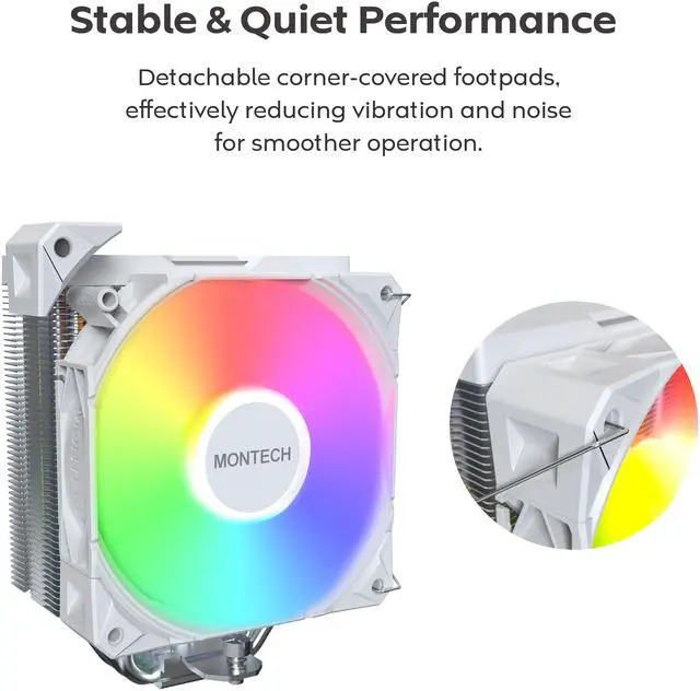 Alt view image 5 of 8 - MONTECH NX400 ARGB - CPU Air Cooler, Single Tower, 4 Advanced Heat Pipes, 52-fin Heat Sink, E28, 120mm FDB Static Pressure Fan, 28mm Fan Thickness, Polished Top Cover, ARGB Lightning - White