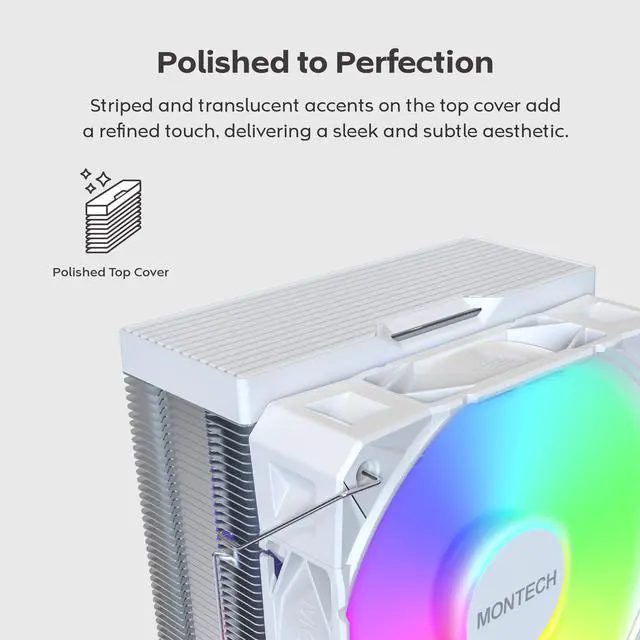 Alt view image 7 of 8 - MONTECH NX400 ARGB - CPU Air Cooler, Single Tower, 4 Advanced Heat Pipes, 52-fin Heat Sink, E28, 120mm FDB Static Pressure Fan, 28mm Fan Thickness, Polished Top Cover, ARGB Lightning - White