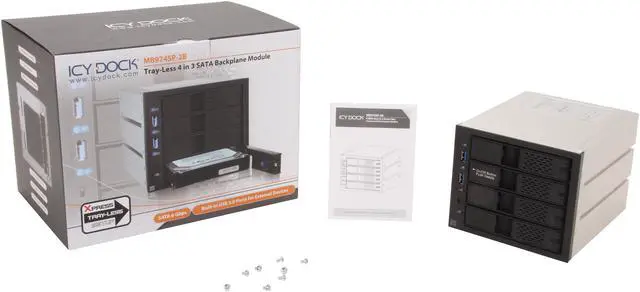 Alt view image 6 of 6 - ICY DOCK FlexCage MB974SP-2B Tray-less 4 x 3.5" HDD in 3 x 5.25" Bay SATA Cage - Front USB 3.0 Hub