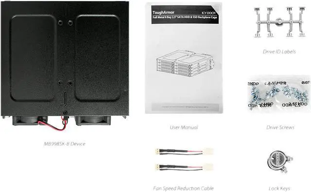 Alt view image 9 of 9 - Icy Dock MB998SK-B | Rugged Full Metal 8 Bay 2.5" SATA HDD & SSD (5 - 7mm) Backplane Cage with Locking Trays for External 5.25" Bay | ToughArmor