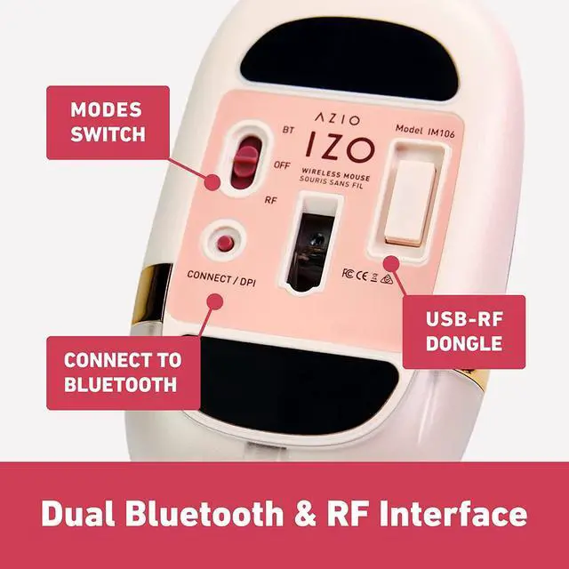 Alt view image 4 of 6 - Azio IZO Wireless Bluetooth Mouse with Round Ergonomic Form, Optical Sensor, Adjustable DPI, Rechargeable, PC & Mac - Baroque Rose