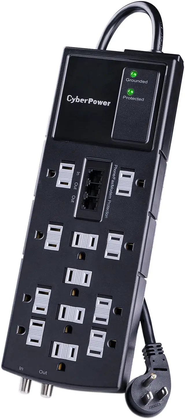 Alt view image 2 of 2 - CyberPower 8 Feet 12 Outlets 3150 Joules Surge Protector with Telephone and Coaxial Protection (HT1208TC)
