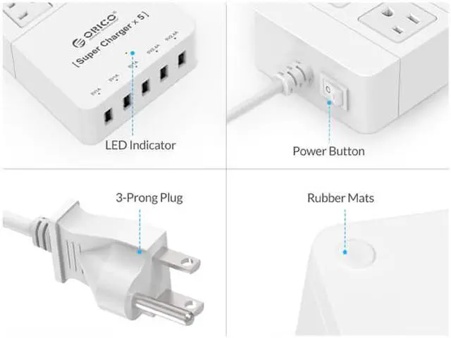 Alt view image 3 of 7 - ORICO 2 Outlet Power Strip with 5 USB Charging Ports 5 ft. for iPhone / iPad / LG / Samsung / HTC and More SurgeArrest Home / Office - White (HPC-2A5U)