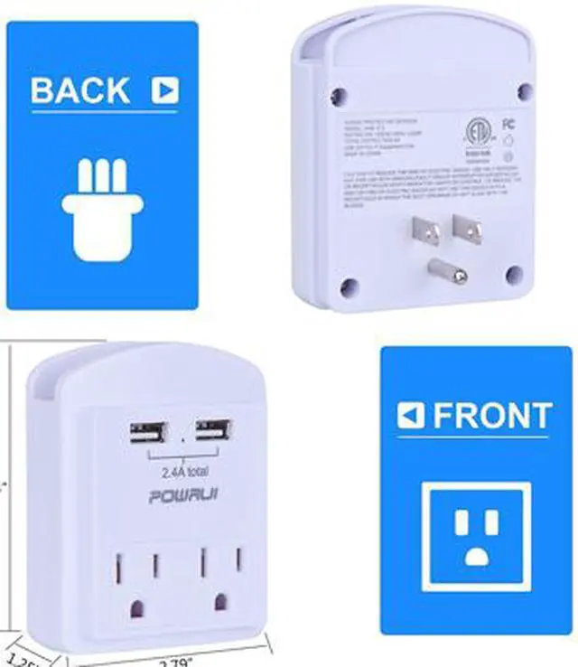 Alt view image 3 of 7 - POWRUI USB Wall Charger, Small Surge Protector, USB Outlet with 2 USB Ports (2.4A Total) and Top Phone Holder for Apple, iPhone, iPad, Samsung, 1080Joules, White (2-Pack), ETL Certified