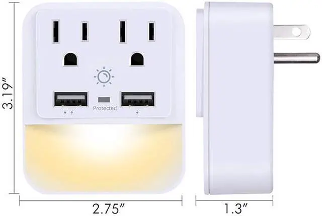 Alt view image 2 of 6 - POWRUI USB Wall Charger, Outlet Adapter, 2-Pack Surge Protector (1080 Joules) with Dual USB Charger Ports(2.4A Total), Dual Outlet Extender and Dusk-to-Dawn Sensor Night Light, White, ETL Certified