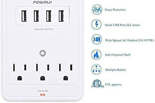 Alt view image 2 of 7 - POWRUI AHR-333_6A USB Wall Charger, Surge Protector, 3 Outlet Wall Mount Adapter with 4-USB Ports Charging Station (30W) Compatible iPhone Xs/XS Max/XR/X/8/7/6/Plus, Pro/Air 2/Mini 3/Mini 4, Samsung S4/S5, 6A