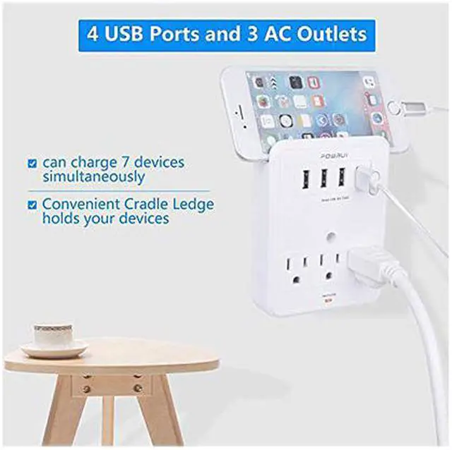 Alt view image 4 of 7 - POWRUI AHR-333_6A USB Wall Charger, Surge Protector, 3 Outlet Wall Mount Adapter with 4-USB Ports Charging Station (30W) Compatible iPhone Xs/XS Max/XR/X/8/7/6/Plus, Pro/Air 2/Mini 3/Mini 4, Samsung S4/S5, 6A