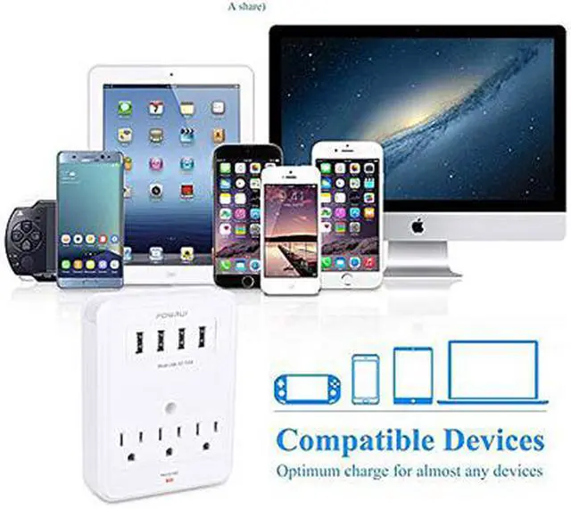 Alt view image 5 of 7 - POWRUI AHR-333_6A USB Wall Charger, Surge Protector, 3 Outlet Wall Mount Adapter with 4-USB Ports Charging Station (30W) Compatible iPhone Xs/XS Max/XR/X/8/7/6/Plus, Pro/Air 2/Mini 3/Mini 4, Samsung S4/S5, 6A