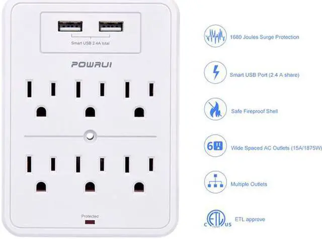Alt view image 3 of 6 - POWRUI Surge Protector, USB Wall Charger with 2 USB Charging Ports (Smart 2.4A Total), 6-Outlet Extender and Top Phone Holder for Your Cell Phone, White, ETL Listed
