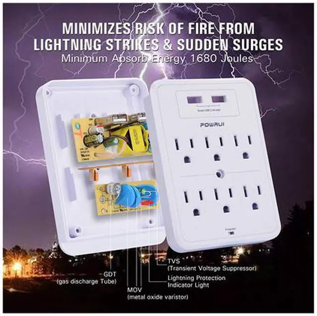 Alt view image 6 of 6 - POWRUI Surge Protector, USB Wall Charger with 2 USB Charging Ports (Smart 2.4A Total), 6-Outlet Extender and Top Phone Holder for Your Cell Phone, White, ETL Listed