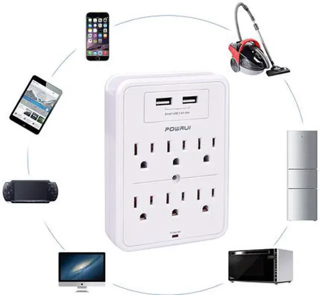 Alt view image 4 of 6 - POWRUI Surge Protector, USB Wall Charger with 2 USB Charging Ports (Smart 2.4A Total), 6-Outlet Extender and Top Phone Holder for Your Cell Phone, White, ETL Listed