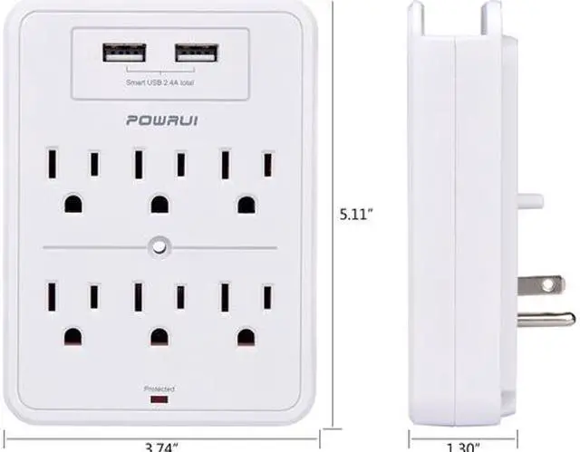 Alt view image 2 of 6 - POWRUI Surge Protector, USB Wall Charger with 2 USB Charging Ports (Smart 2.4A Total), 6-Outlet Extender and Top Phone Holder for Your Cell Phone, White, ETL Listed