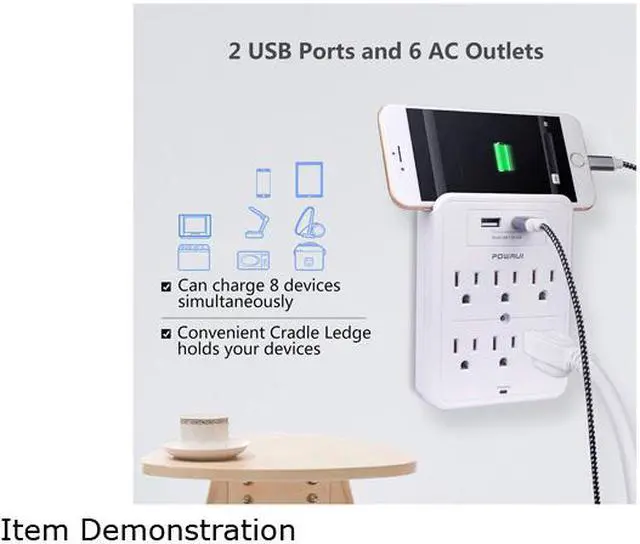 Alt view image 5 of 6 - POWRUI Surge Protector, USB Wall Charger with 2 USB Charging Ports (Smart 2.4A Total), 6-Outlet Extender and Top Phone Holder for Your Cell Phone, White, ETL Listed