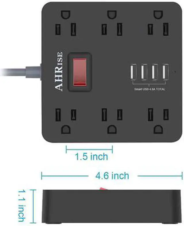 Alt view image 2 of 6 - POWRUI Power Strip, Extension Cord with 6 AC Outlets and 4 USB Charging Ports (5V/4.8A, 24W) for Smartphone Tablets Home, Office, Hotel, Cruise Ship, 5 Feet Long Cord, ETL Listed - Black (AHRISE)