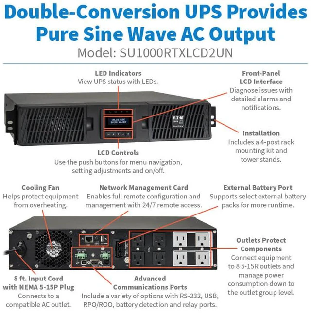 Alt view image 10 of 10 - Tripp Lite series SmartOnline 1000VA 900W 120V Double-Conversion UPS - 8 Outlets, Extended Run, Network Card Included, LCD, USB, DB9, 2U Rack/Tower (SU1000RTXLCD2UN)