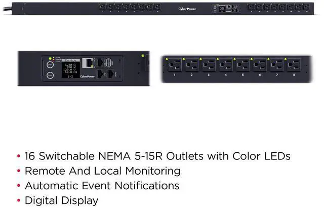Alt view image 9 of 14 - CyberPower PDU41116 Single Phase 100 - 120 VAC 15A Switched