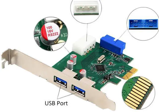 Alt view image 2 of 7 - HooToo HT-PC002 SuperSpeed USB 3.0 2-Port PCI-E Add-On Expansion Card with Internal USB 3.0 19-Pin Motherboard Male Header & 5V 4-Pin Molex Power Connector (VIA VL800 Chipset, Solid Capacitors)