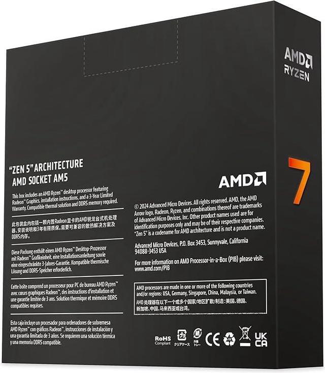 Alt view image 5 of 5 - AMD Ryzen 7 9700X - Ryzen 7 9000 Series Granite Ridge (Zen 5) 8-Core 3.8 GHz - Socket AM5 65W - Radeon Graphics Processor - 100-100001404WOF