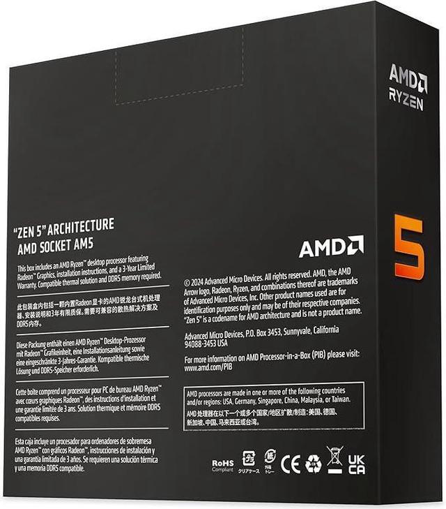 Alt view image 5 of 5 - AMD Ryzen 5 9600X - Ryzen 5 9000 Series Granite Ridge (Zen 5) 6-Core 3.9 GHz - Socket AM5 65W - Radeon Graphics Processor - 100-100001405WOF