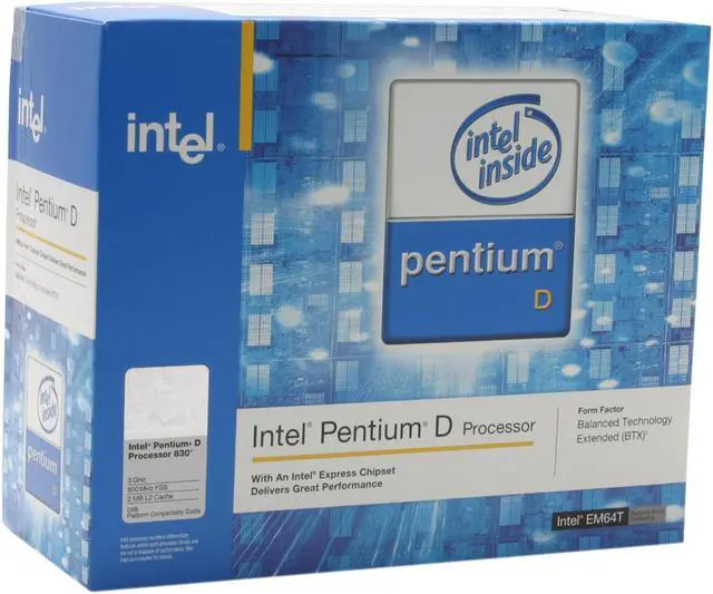 Main image of Intel Pentium D 830 - Pentium D Smithfield Dual-Core 3.0 GHz LGA 775 Dual Core, EM64T, BTX version Processor - BX80551PG3000FT