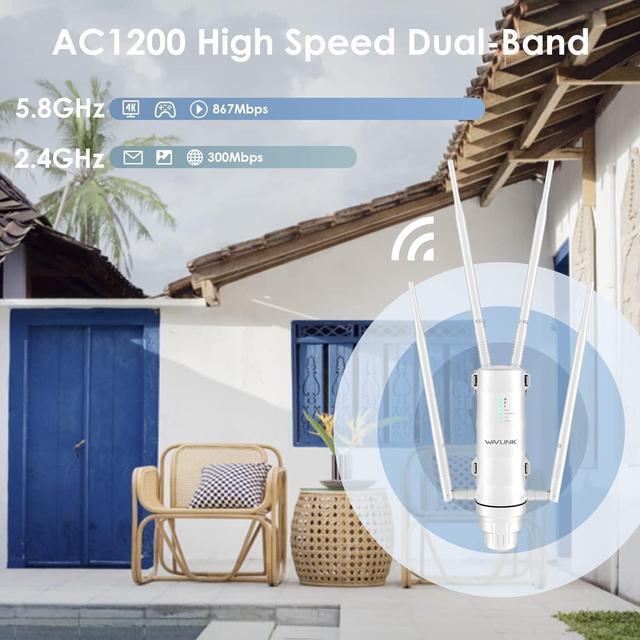Alt view image 6 of 7 - WAVLINK AC1200 WiFi Range Extender High Power Outdoor Weatherproof Long Range Wireless AP/Wifi Repeater/Router/Signal Booster Dual Band with Passive POE, Gigabit Port, 4x7dBi Detachable Omni Antennas