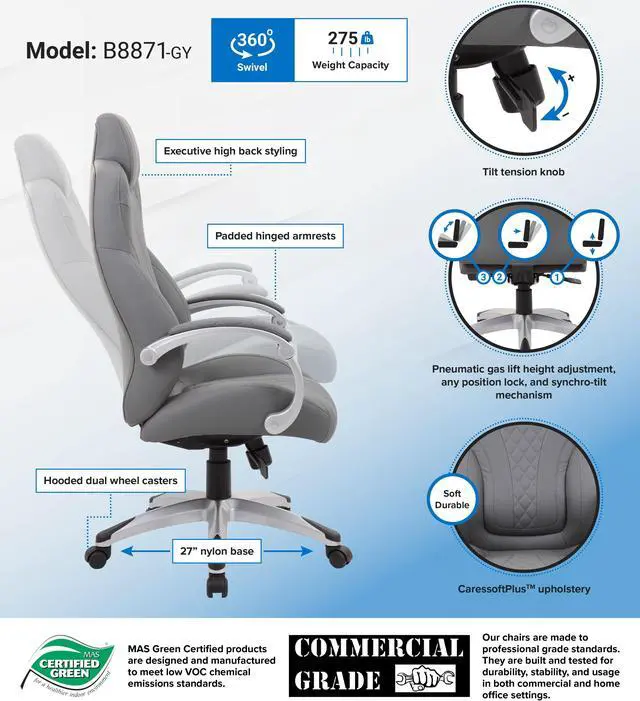 Alt view image 6 of 6 - Boss Hinged Arm Executive Chair With Synchro-Tilt, Grey