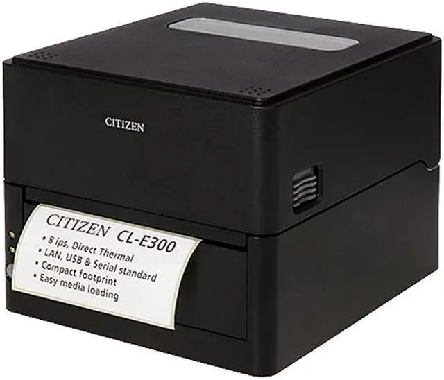 Main image of Citizen CL-E300XUBNNA CL-E300 Series Compact LAN-as-standard Direct Thermal Barcode and Label Printer – USB/LAN/Serial – Black