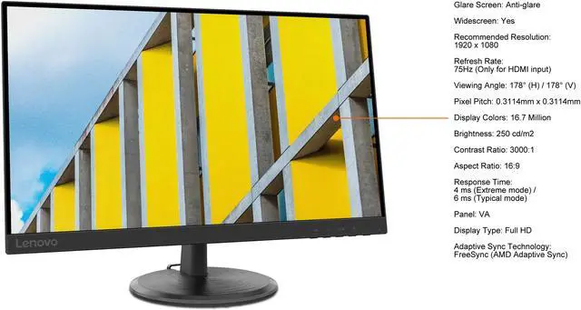 Alt view image 6 of 11 - Lenovo D27-30 27" Full HD 1920 x 1080 75Hz D-Sub, HDMI, AMD FreeSync VESA Tilt Monitor