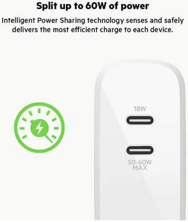 Alt view image 6 of 8 - Belkin 68W Dual USB-C Wall Mount GaN Charger PD Power Delivery for iPhone Fast Charger, MacBook Pro Charger, iPad Pro, Pixel, Galaxy, and More (WCH003DQWH)