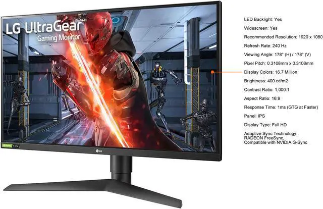 Alt view image 4 of 17 - LG 27" 240 Hz IPS FHD Gaming Monitors RADEON FreeSync
Compatible with NVIDIA G-Sync 2 x HDMI, DisplayPort, USB UltraGear 27GN75B-B