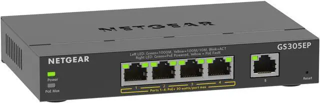 Main image of Netgear GS305EP 5-Port Gigabit Ethernet SOHO Plus Easy Smart Managed Essentials PoE+ Switch with 4-Port PoE+ (63W), GS305EP-100NAS