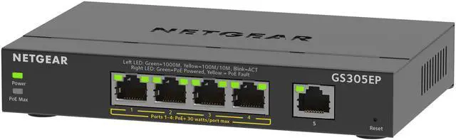 Alt view image 2 of 9 - Netgear GS305EP 5-Port Gigabit Ethernet SOHO Plus Easy Smart Managed Essentials PoE+ Switch with 4-Port PoE+ (63W), GS305EP-100NAS