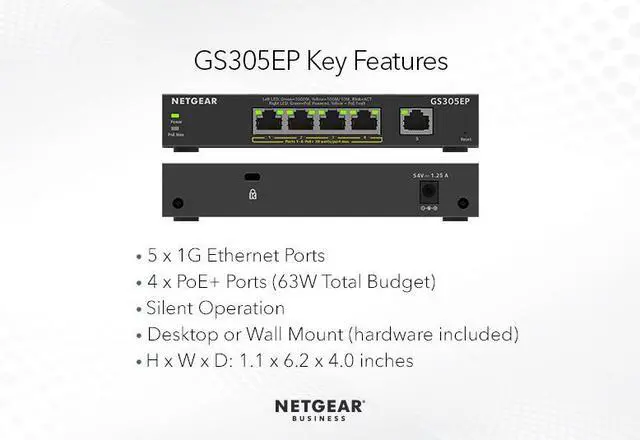 Alt view image 7 of 9 - Netgear GS305EP 5-Port Gigabit Ethernet SOHO Plus Easy Smart Managed Essentials PoE+ Switch with 4-Port PoE+ (63W), GS305EP-100NAS