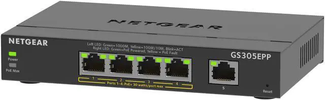 Main image of Netgear GS305EPP 5-Port Gigabit Ethernet Easy Smart Essentials PoE Manageable Switch, GS305EPP-100NAS