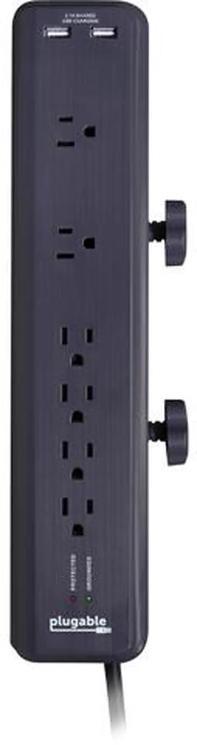 Main image of Plugable 6 AC Outlet Surge Protector with Clamp Mount for Workbench or Desk. Built-In 10.5W 2-Port USB Power for Android, Apple iOS, and Windows Mobile Devices