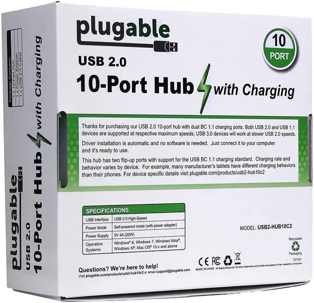 Alt view image 6 of 6 - Plugable USB Hub, 10 Port - USB 2.0 with 20W Power Adapter and Two Flip-Up Ports