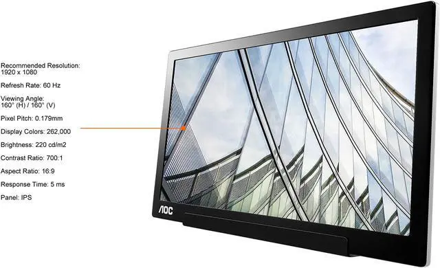 Alt view image 5 of 14 - AOC 15.6" I1601C 1920 x 1080 FHD IPS USB-C Tilt Pivot WLED Backlight Portable Monitor
