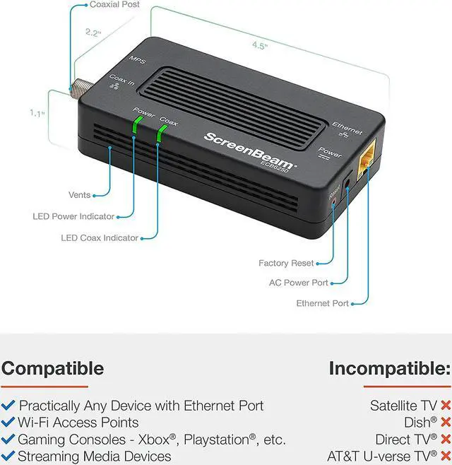 Alt view image 8 of 9 - Screenbeam Inc. MoCA 2.5 Network Adapter for Ethernet Over Coax (2 Pack) - 1 Gbps Ethernet, Coax to Ethernet Adapter, Enhanced Streaming and Gaming (Model: ECB6250K02)