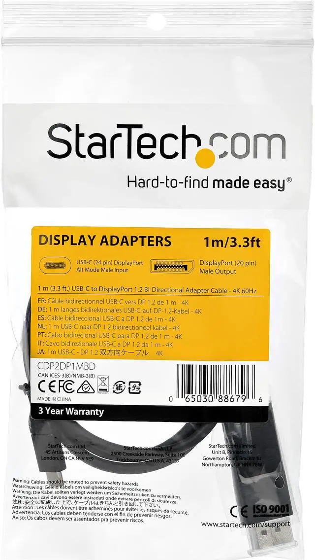 Alt view image 5 of 5 - StarTech.com 3.3 ft. (1 m) USB C to DisplayPort 1.2 Cable - Bidirectional - 4K 60Hz - Thunderbolt 3 - USB Type C Adapter Cable (CDP2DP1MBD)