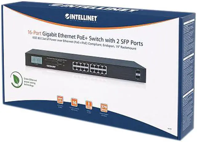 Alt view image 3 of 3 - Intellinet 16-Port Gigabit Ethernet PoE+ Switch with 2 SFP Ports and LCD Screen, LCD Display, IEEE 802.3at/af Power over Ethernet (PoE+/PoE) Compliant, 370 W, Endspan, 19" Rackmount