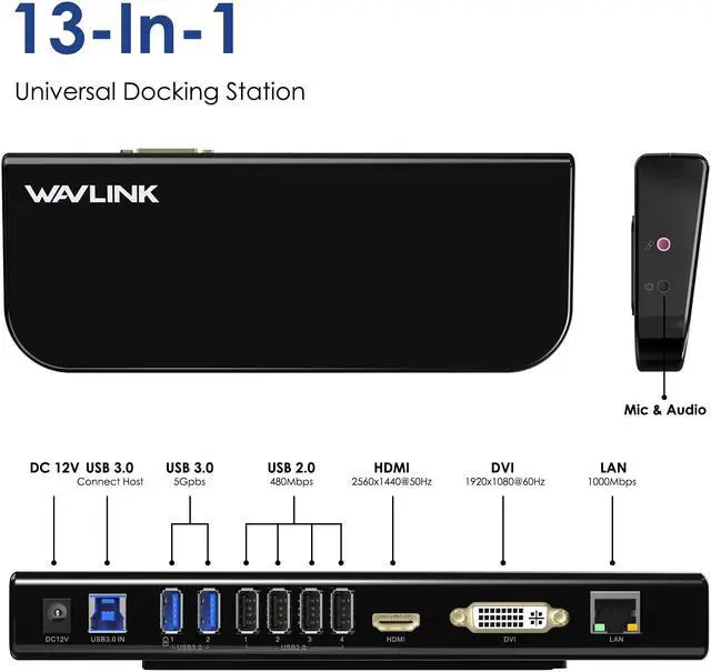 Alt view image 2 of 7 - Wavlink USB 3.0 Universal Laptop Docking Station Dual Monitors DisplayLink Dock with HDMI/DVI/VGA, Gigabit Ethernet, 6 USB Ports, Audio for M1 M2 Mac and Windows, MacOS, ChromeOS, Ubuntu 20.04, 22.04