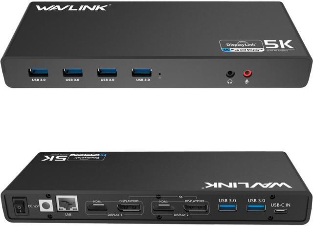Main image of Wavlink Dual 4K Display Laptop Docking Station Single 5K/Dual 4K @60Hz USB 3.0 and USB-C Dual Monitor Docking Station With 2 x HDMI, 2 DP, Gigabit Ethernet, 6 x USB 3.0, Audio, Mic, For Windows/Mac