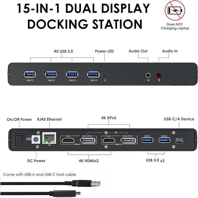 Alt view image 3 of 7 - Wavlink Dual 4K Display Laptop Docking Station Single 5K/Dual 4K @60Hz USB 3.0 and USB-C Dual Monitor Docking Station With 2 x HDMI, 2 DP, Gigabit Ethernet, 6 x USB 3.0, Audio, Mic, For Windows/Mac