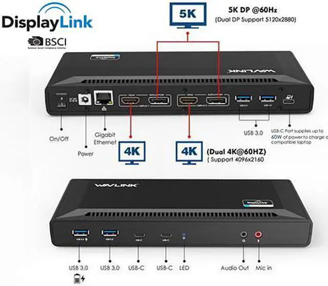 Alt view image 13 of 18 - Wavlink USB C Laptop Docking Station Dual Monitor 5K/4K@60Hz with 65W Charging for New MacBook Neo, Thunderbolt 4/3, USB-C Windows, Mac, Chrome,Ubuntu 20.04,22.04(2HDMI, 2DP, 6 USB 3.0, 1Gbps Ethernet
