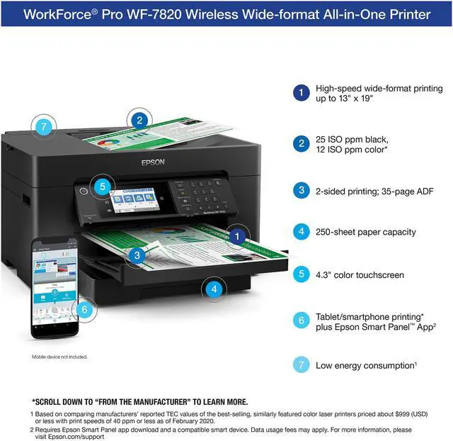 Alt view image 4 of 8 - Epson WorkForce Pro WF-7820 Wireless All-in-One Wide-format Printer with Auto 2-sided Print up to 13" x 19", Copy, Scan and Fax, 50-page ADF, 250-sheet Paper Capacity, and 4.3" Color Touchscreen